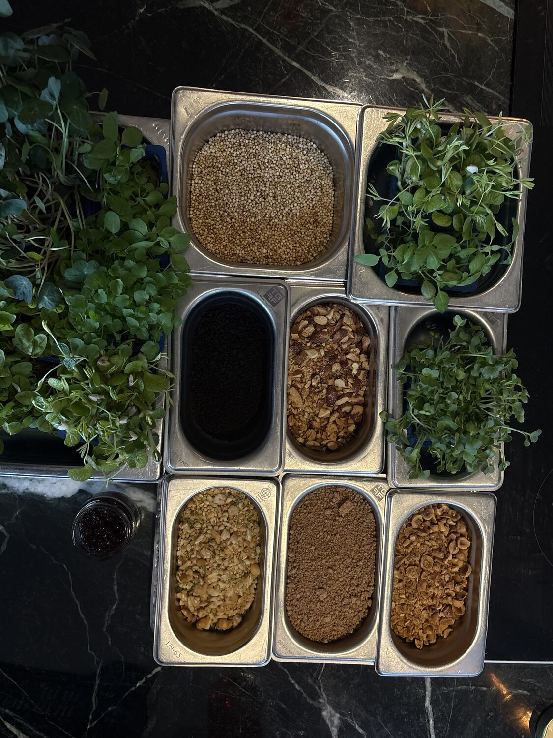 Mise-en-place: cress, gepofte quinoa en geroosterde noten in gastronormbakken